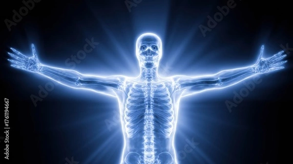 Fototapeta Human Skeleton Illuminated in Striking X-Ray Style Against a Dark Background, Showcasing the Structure and Form in an Artistic Representation