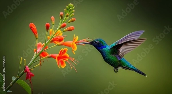 Fototapeta Hummingbird in Mid-Flight Feeding from Vibrant Flowers — Iridescent Feathers and Natural Pollination in Lush Green Setting