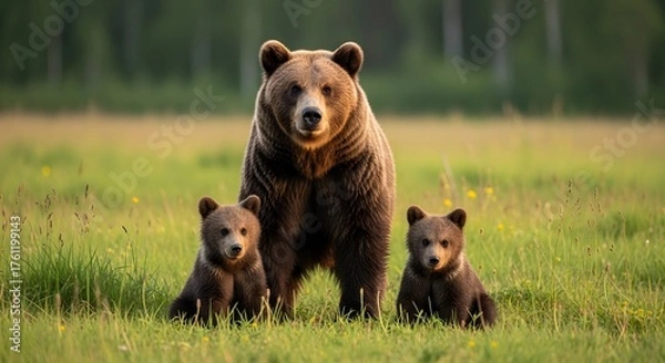 Fototapeta Brown Bear with Two Cubs in Grassy Meadow — Wildlife Family Facing Forward in Forest Setting with Soft Natural Light