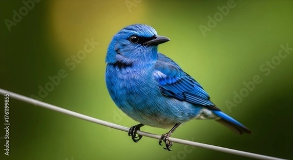 Fototapeta blue tit on a branch, Vibrant Blue Bird Perched on Wire — Iridescent Plumage and Alert Posture Against Soft Green-Yellow Background