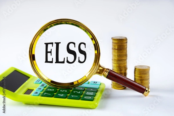 Fototapeta ELSS - acronym under magnifying glass on the background of calculator and stack of coins