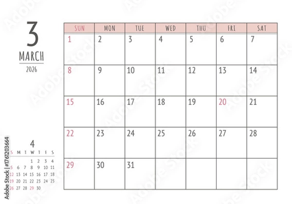 Fototapeta 2026年 3月 シンプル書き込みカレンダー