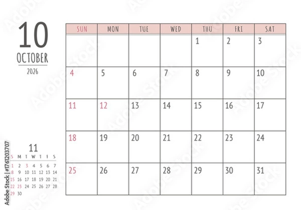 Fototapeta 2026年 10月 シンプル書き込みカレンダー