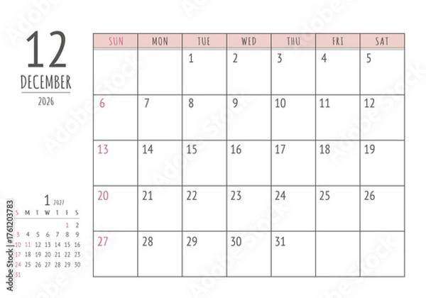 Fototapeta 2026年 12月 シンプル書き込みカレンダー

