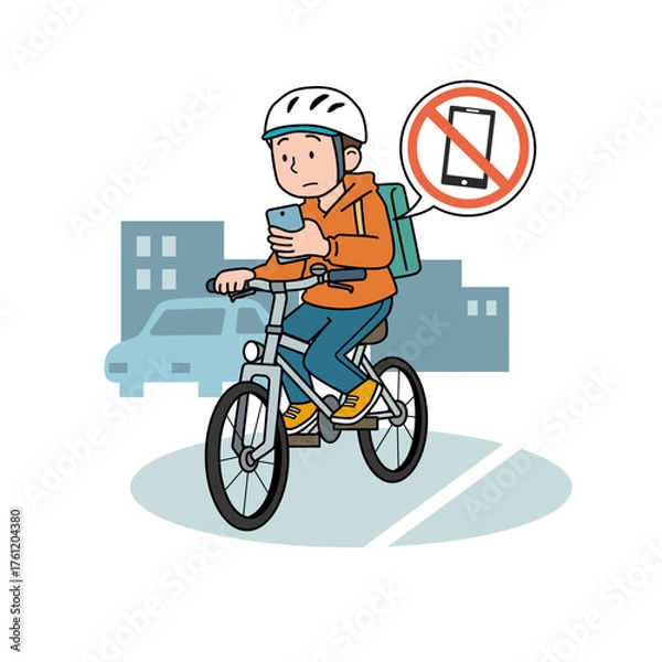 Fototapeta スマホを見ながら自転車を運転する男性 イラスト