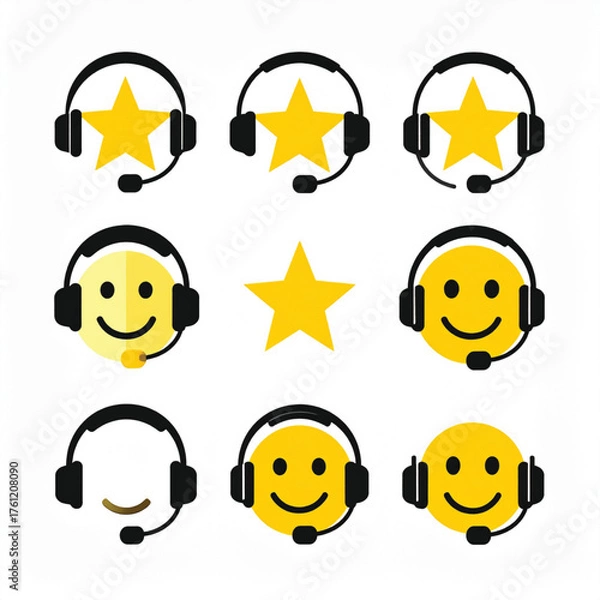 Fototapeta Business icon vector art of set of headset icons with stars and smiley faces