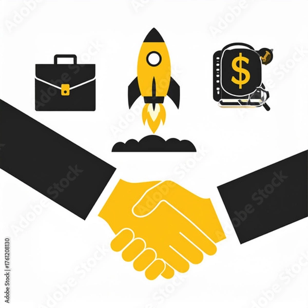 Fototapeta Business icon vector art of business handshake with rocket and briefcase