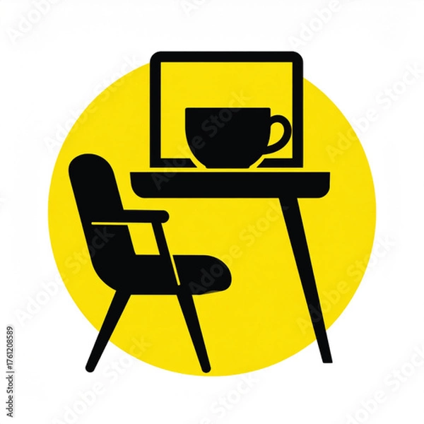 Fototapeta Business icon vector art of icon of desk, laptop, and chair on yellow circle