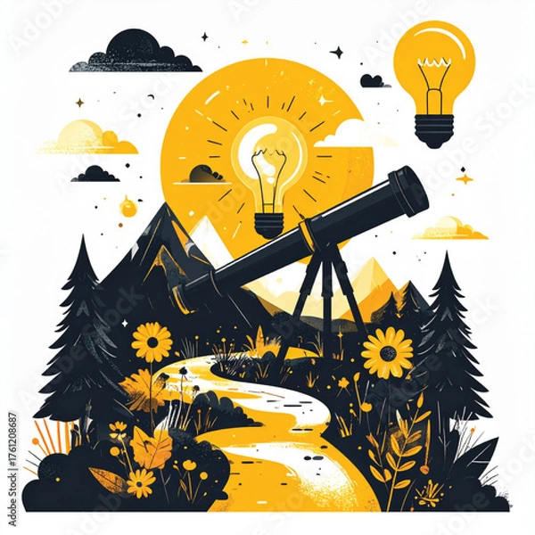Fototapeta Business icon vector art of telescope pointing towards a bright sun with a lightbulb symbolizing discovery