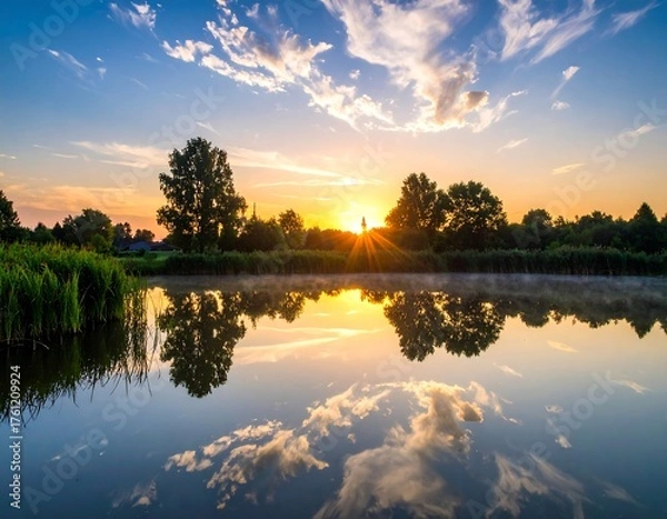 Fototapeta Sunrise paints sky above tranquil lake, reflecting clouds