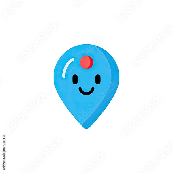 Fototapeta Cheerful cartoon blue location pin icon with a smiling face and a small red dot on its head set against a vibrant solid blue background with subtle
