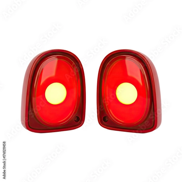 Fototapeta Close up abstract of two glowing red car taillights with bright yellow center lights set against a vibrant red textured background creating an
