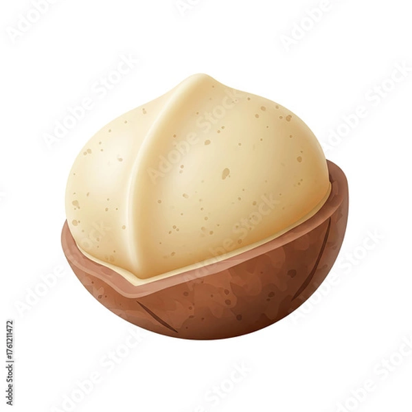 Fototapeta Close-up macro photograph of a single raw macadamia nut with its cracked shell revealing the creamy white kernel inside set against a soft gradient