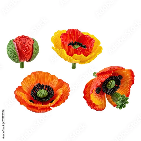 Fototapeta Collection of Four Vibrant Red and Yellow Poppy Blossoms in Various Stages of Bloom Showcasing Intricate Petal Details and Black Centers Against a