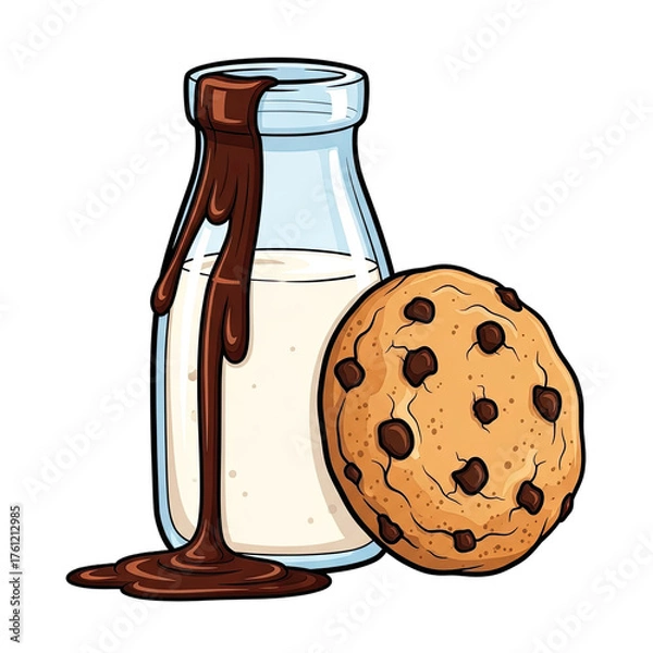 Fototapeta Delicious chocolate chip cookie next to a glass bottle of milk with rich chocolate syrup dripping down its side creating a tempting breakfast or