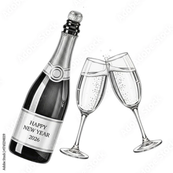 Fototapeta Elegant Vintage Champagne Bottle with Two Clinking Toasting Glasses Filled with Bubbly Liquid Ready for a Festive New Year Celebration with a