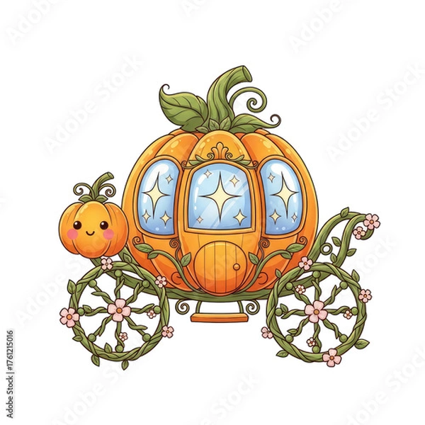 Fototapeta Enchanting pumpkin carriage adorned with delicate pink blossoms and winding green vines with a small happy pumpkin companion beside it set against a