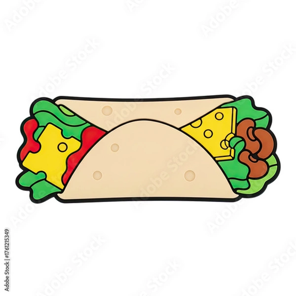 Fototapeta Flat vector illustration of a delicious burrito filled with fresh lettuce melted yellow cheese and savory ground meat with a ketchup drizzle perfect