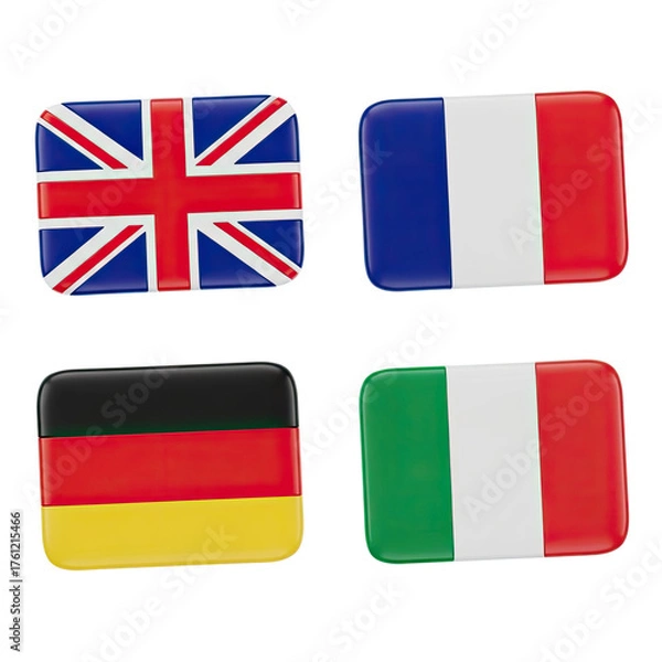Fototapeta Four European flags the Union Jack of the United Kingdom France Germany and Italy represented as glossy rounded square icons with a colorful blurred