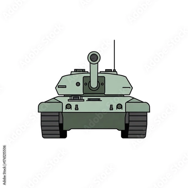 Fototapeta Front view of a modern military tank with olive green camouflage in a shadowed environment showcasing its powerful treads and turret with a sleek