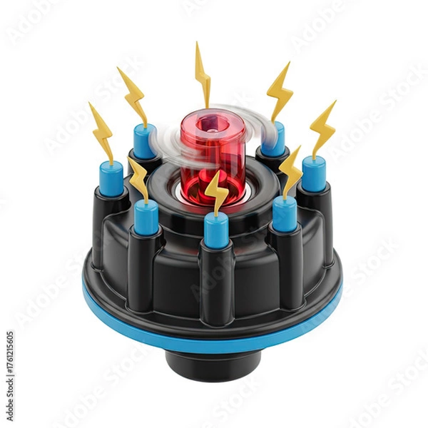 Fototapeta Futuristic Energy Generator with Glowing Red Core and Surrounding Lightning Bolts Emitting Bright Yellow Light against a Gradient Background with