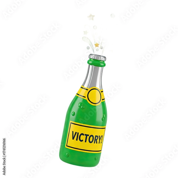 Fototapeta Green bottle of champagne with the word Victory on a yellow label decorated with bubbles and a festive celebratory explosion of yellow and green
