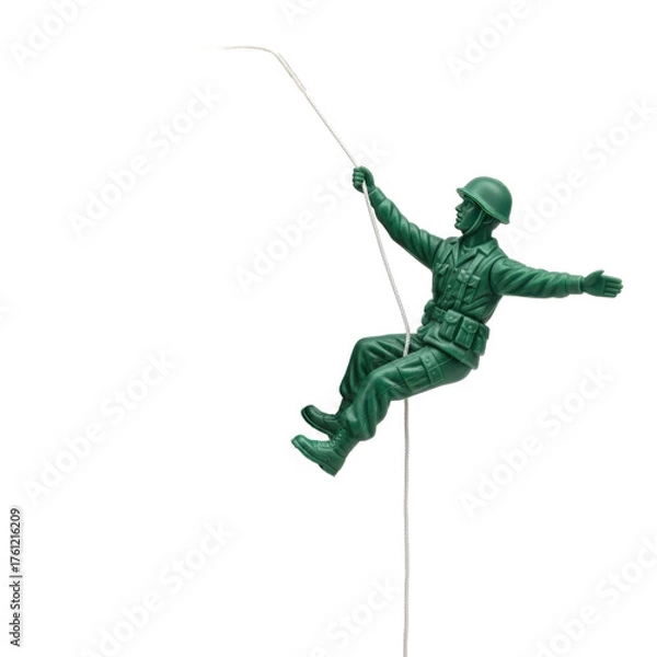 Fototapeta Green Plastic Toy Soldier Descending on a Rope with a Dramatic Spotlight Illumination Against a Monochromatic Gradient Background Symbolizing