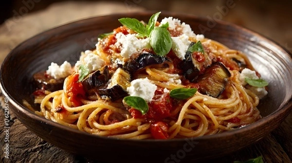 Fototapeta Authentic Italian Pasta alla Norma in Rustic Wooden Background