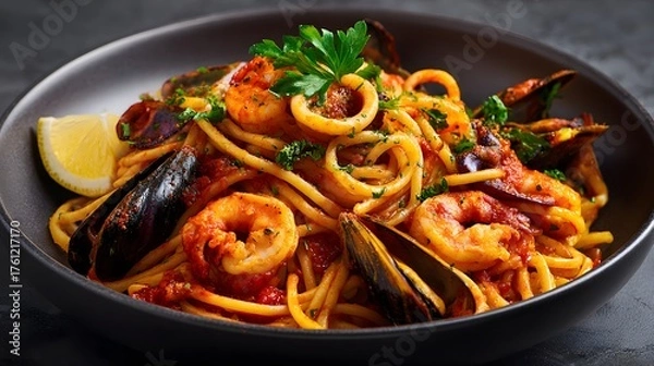 Fototapeta Hot and Flavorful Spaghetti Dish with Chili and Lemon Garnish