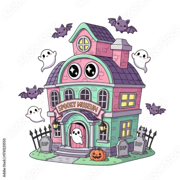 Obraz Whimsical Pastel Haunted House Illustration with Cute Ghosts and Bats for Halloween Decorations and Spooky Themed Designs featuring a light pink and