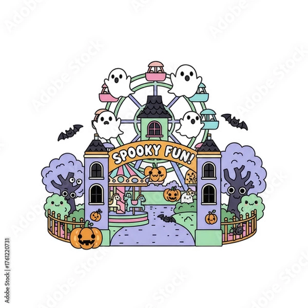 Obraz Whimsical pixel art amusement park entrance decorated for Halloween featuring a Ferris wheel playful pumpkins and spooky trees with 'Spooky Fun'