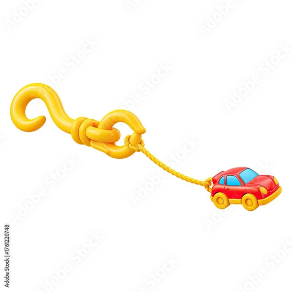Fototapeta Whimsical Red Toy Car Being Pulled by a Large Yellow Hook and Chain on a Warm Orange Gradient Background with Subtle Lighting Effects Creating a