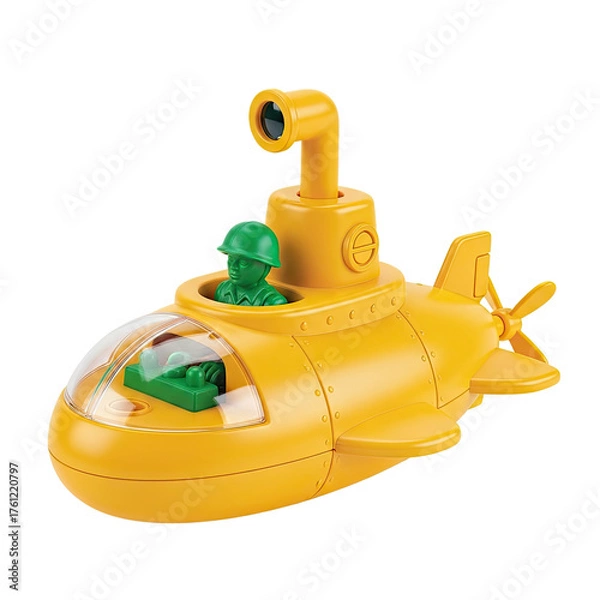 Fototapeta Yellow Toy Submarine with Green Soldier Figure Navigating Underwater Depths in a Playful Ocean Environment Captured in a Studio Setting with Soft