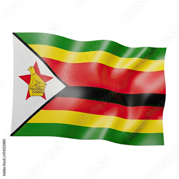 Fototapeta Zimbabwe flag rendered as a glossy transparent object with a subtle wave effect and a soft green blurred background creating a professional patriotic