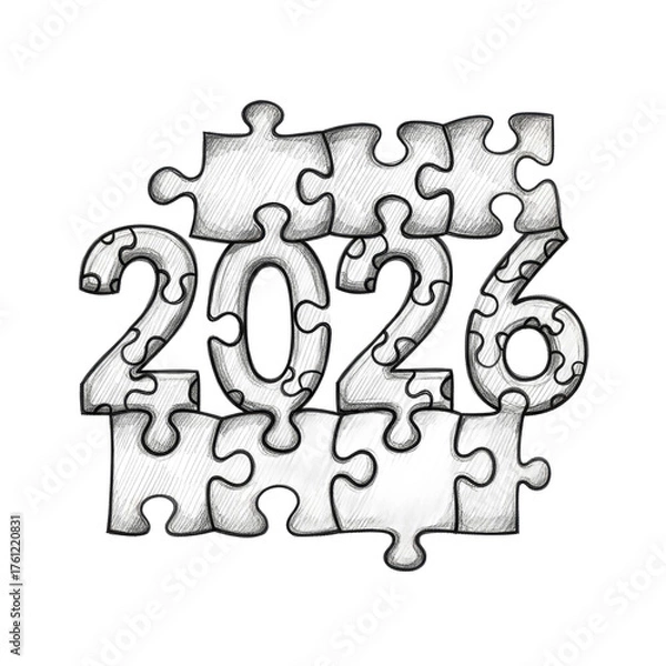 Fototapeta Year Twenty Twenty Six Puzzle Concept Hand Drawn Stippled Illustration of Numbers Forming a Jigsaw Assembly on a Soft Gradient Background