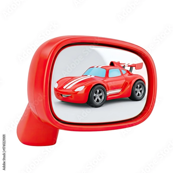 Fototapeta Vibrant red sports car with white racing stripes reflected in a side-view mirror showcasing its cheerful design and aerodynamic spoiler set against a
