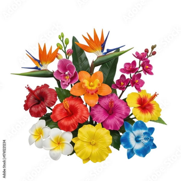 Fototapeta Vibrant Tropical Floral Arrangement featuring Strelitzia Birds of Paradise Orchids Hibiscus and Plumeria blossoms showcasing an array of intense