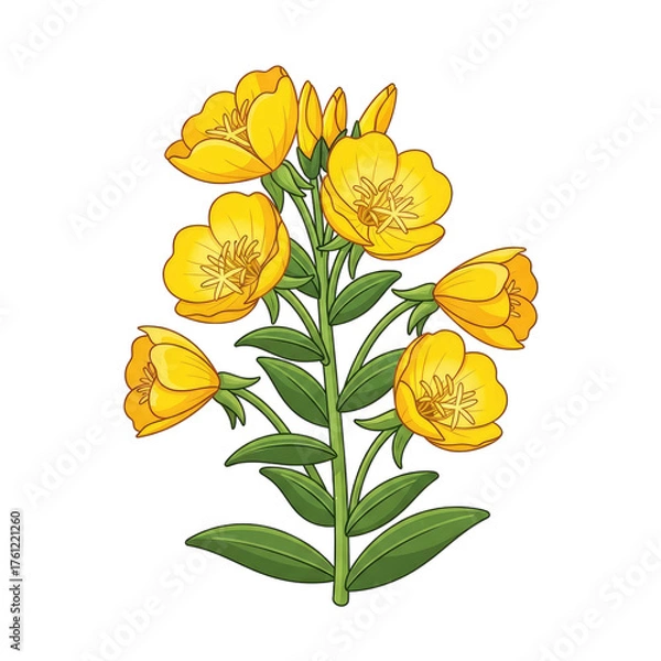 Obraz Vibrant yellow evening primrose flowers with detailed green leaves and buds presented on a warm gradient background evoking a sense of natural beauty