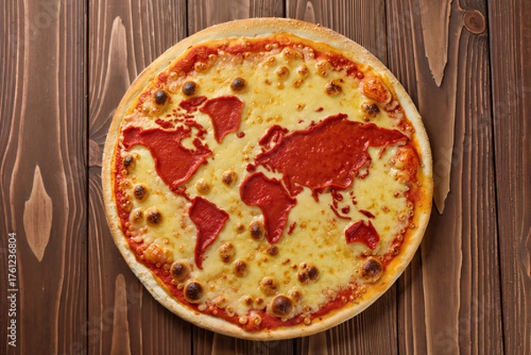 Fototapeta Creative pizza with a world map made of tomato sauce on melted cheese, placed on a wooden table. Concept of global cuisine and international food.