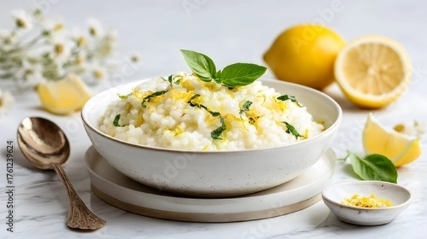 Fototapeta Vibrant Italian Lemon Risotto with Fresh Herbs and Minimalist Food Styling
