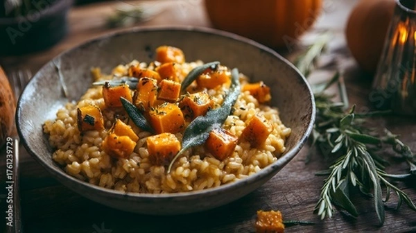 Fototapeta Warm Pumpkin Risotto with Sage in Rustic Bowl for Cozy Autumn Home Cooking