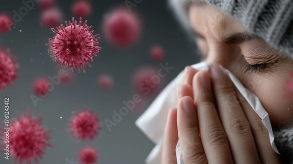 Fototapeta Person sneezing during virus outbreak against the background of bacteria