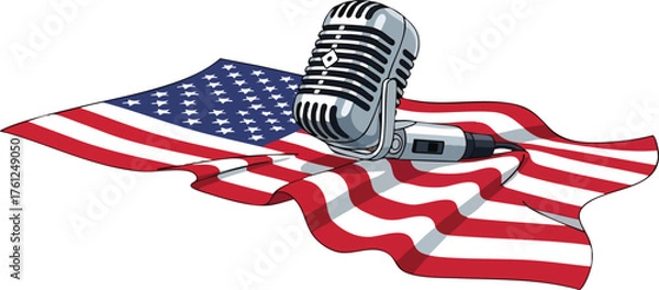 Fototapeta Vintage silver microphone on a waving American flag illustration. design creative background style inspiration