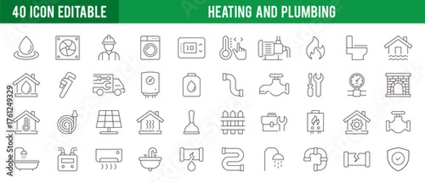 Fototapeta Collection of heating and plumbing icons. Pipes, bathrooms, ventilation, cooling, and heaters. Vector design template EPS 10.