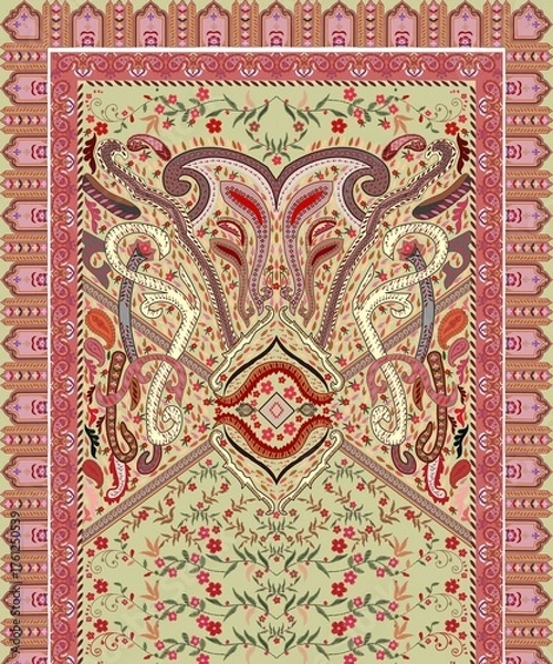 Fototapeta Ornate Paisley and Floral Textile Pattern with Symmetrical Borders on Light Background