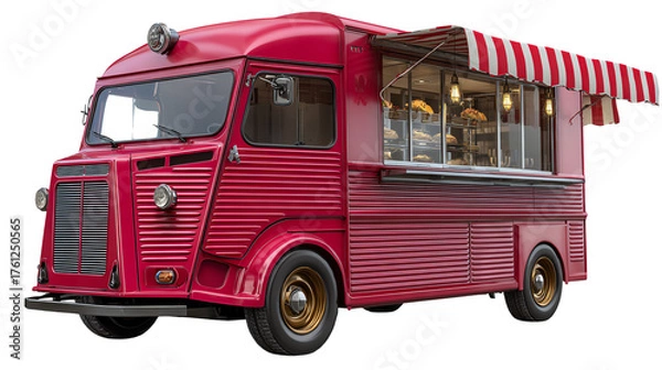 Obraz Red Food Truck Delights: A vibrant red food truck, a beacon of culinary adventure, stands poised to serve, its awning casting a welcoming shade.