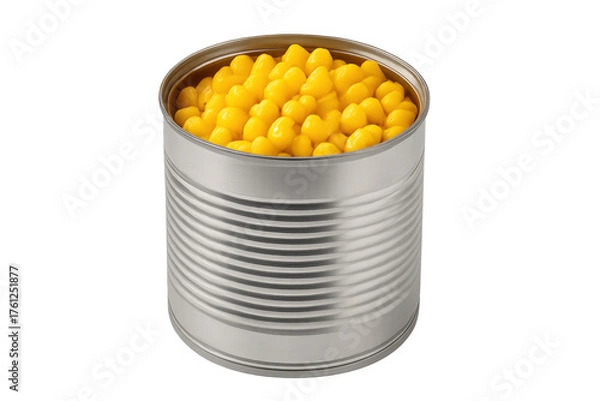 Obraz Sweet corn kernels in an open metal tin can on transparent background, canned food for healthy cooking and diet