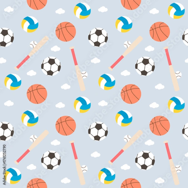 Fototapeta Seamless Sports Pattern with Balls and Bats for Kids Background and Wrapping Paper
