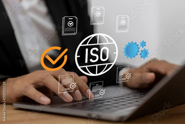 Fototapeta ISO certification process with digital interface, people with virtual icon for quality assurance, international quality standards, compliance and global trust, business accreditation and management