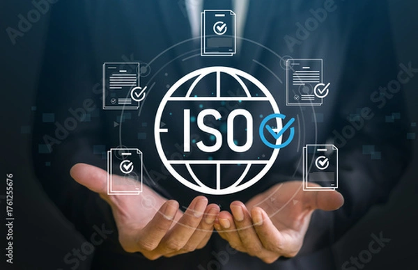 Fototapeta ISO certification process with digital interface, people with virtual icon for quality assurance, international quality standards, compliance and global trust, business accreditation and management